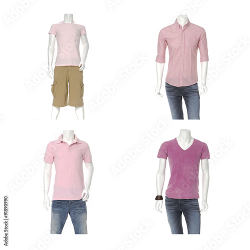 Four male mannequin dressed in jeans and shorts with colorful t-shirt 