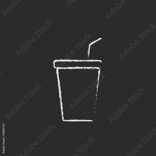 Disposable cup with lid and drinking straw icon drawn in chalk.