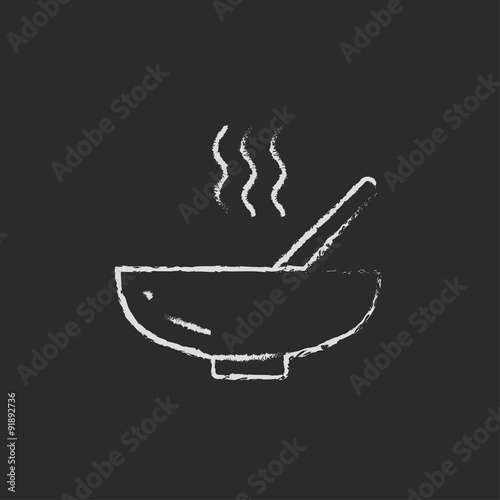Bowl of hot soup with spoon icon drawn in chalk.