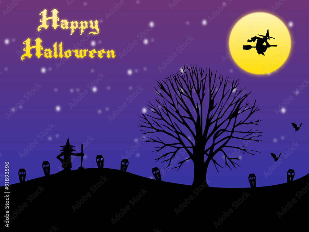 Happy halloween card with moon and witches