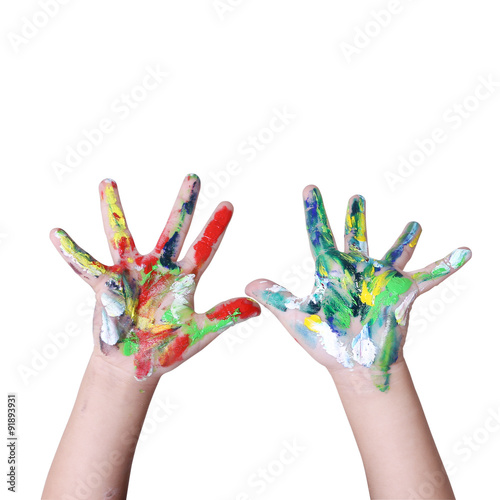 hands in colorful paint with clipping path on white backgroung
