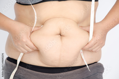 Asian Woman's fingers measuring her belly fat