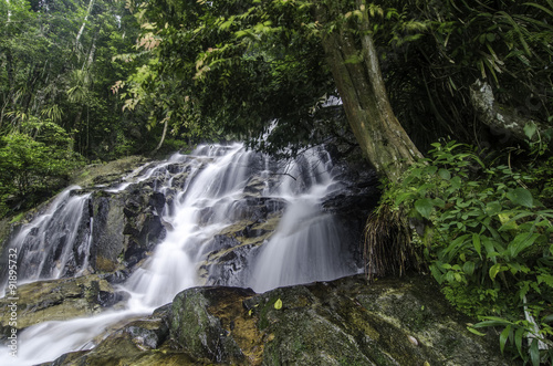 Amazing waterfall flow, falling from the hill, green forest, wet and mossy on the rock © amirul syaidi