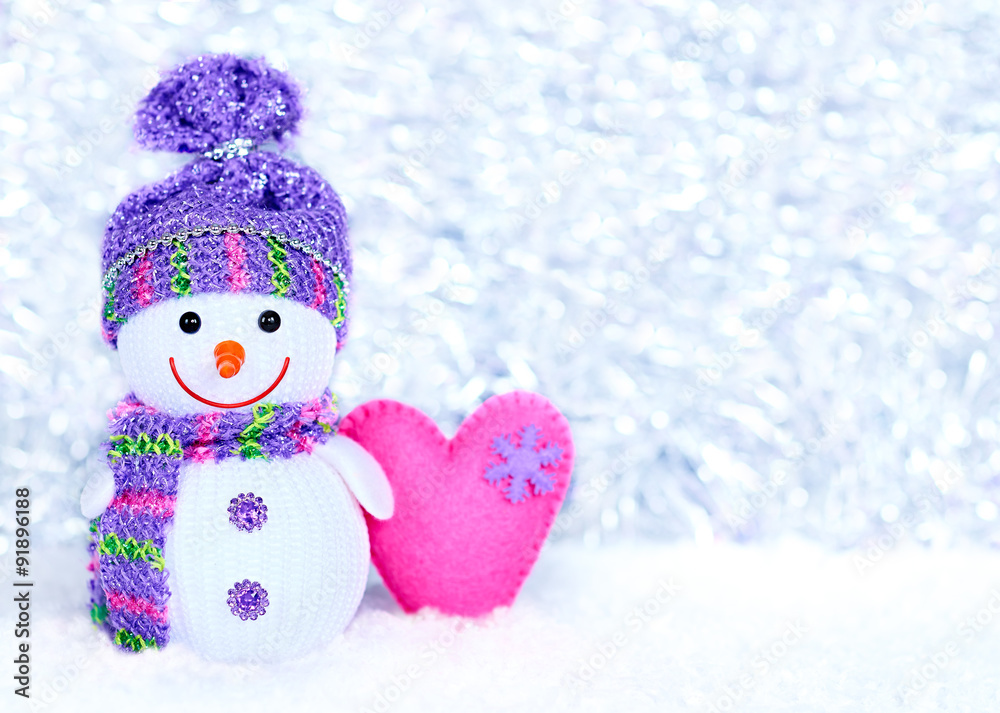 New Year 2016. Happy Snowman on snow with heart, decoration New Year 2016. Happy Snowman on snow with heart, decoration