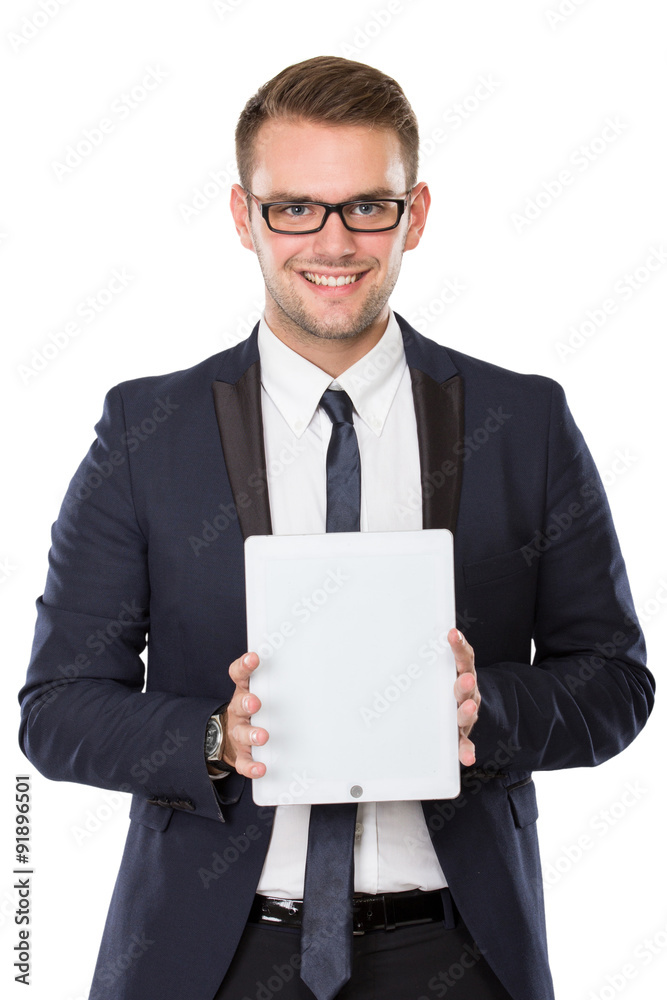 Businessman presenting a tablet pc, smiling Businessman presenting a tablet pc, smiling