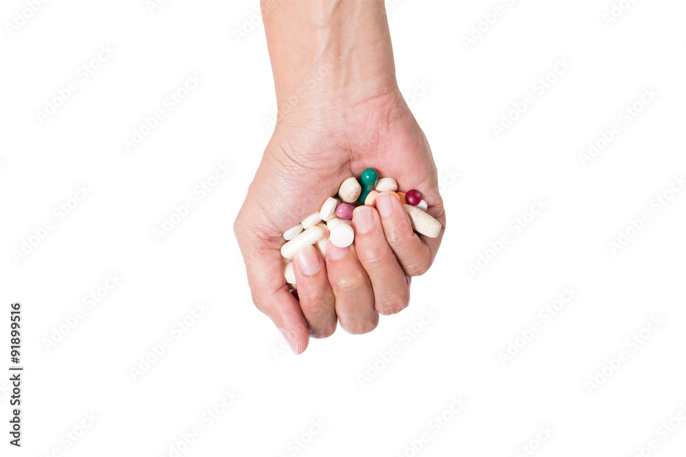 hands with pills and drug isolated on white background, clipping hands with pills and drug isolated on white background, clipping