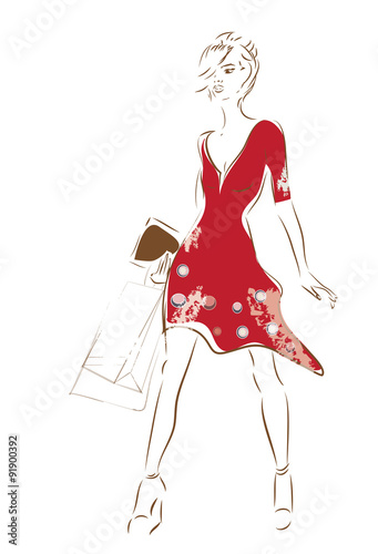Woman on Shopping with Bags and Fashion Red Dress