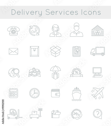 Set of modern flat thin line vector icons of delivery service, logistic business, shipping and transportation. Linear conceptual symbols for interface design of website. Isolated on white