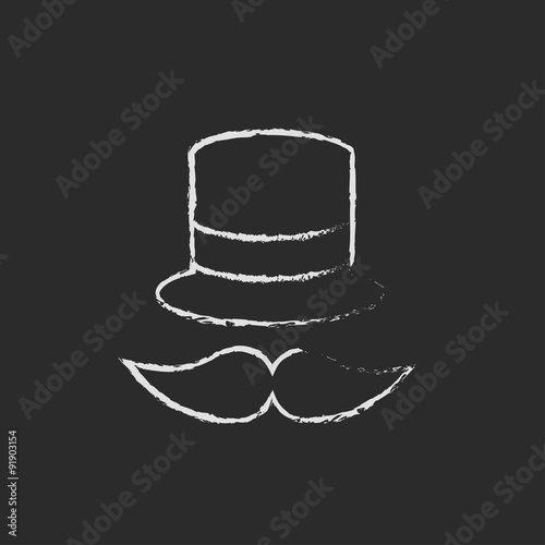 Hat and mustache icon drawn in chalk.