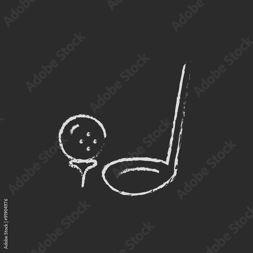 Golf ball and putter icon drawn in chalk.