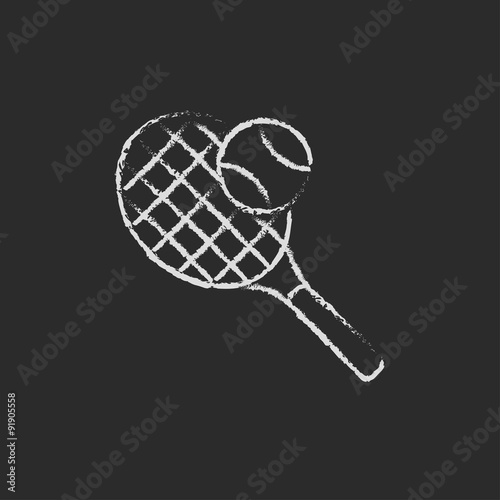 Tennis racket and ball icon drawn in chalk.