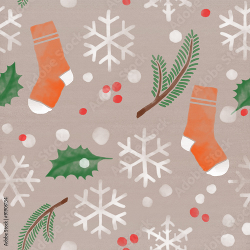 Christmas holidays winter theme pattern. Seamless background with socks, fir tree branches, bows of holly, snowfall, snowflakes and red spots