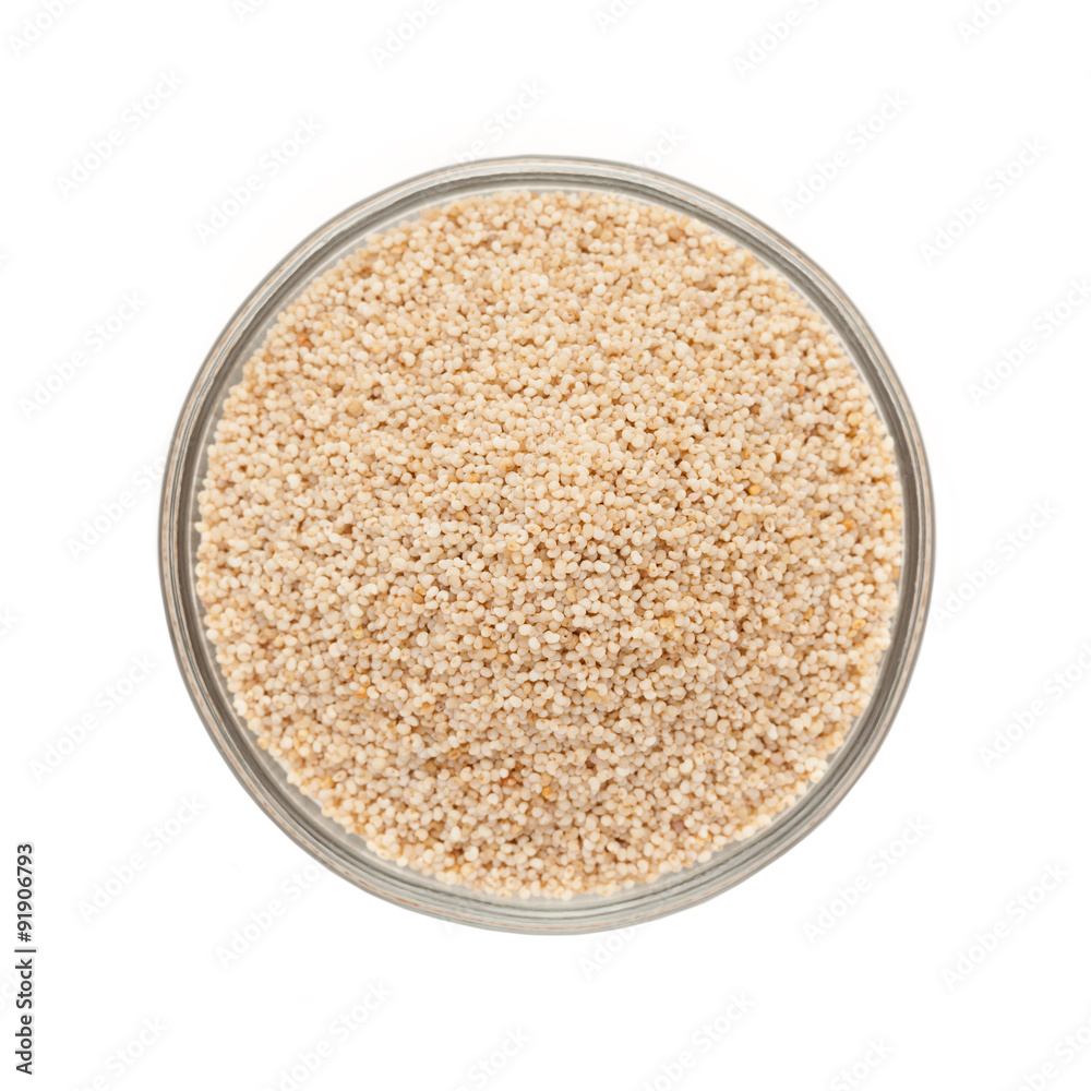 Top view of Organic White Poppy seed (Papaver somniferum) in glass bowl isolated on white background. Top view of Organic White Poppy seed (Papaver somniferum) in glass bowl isolated on white background.