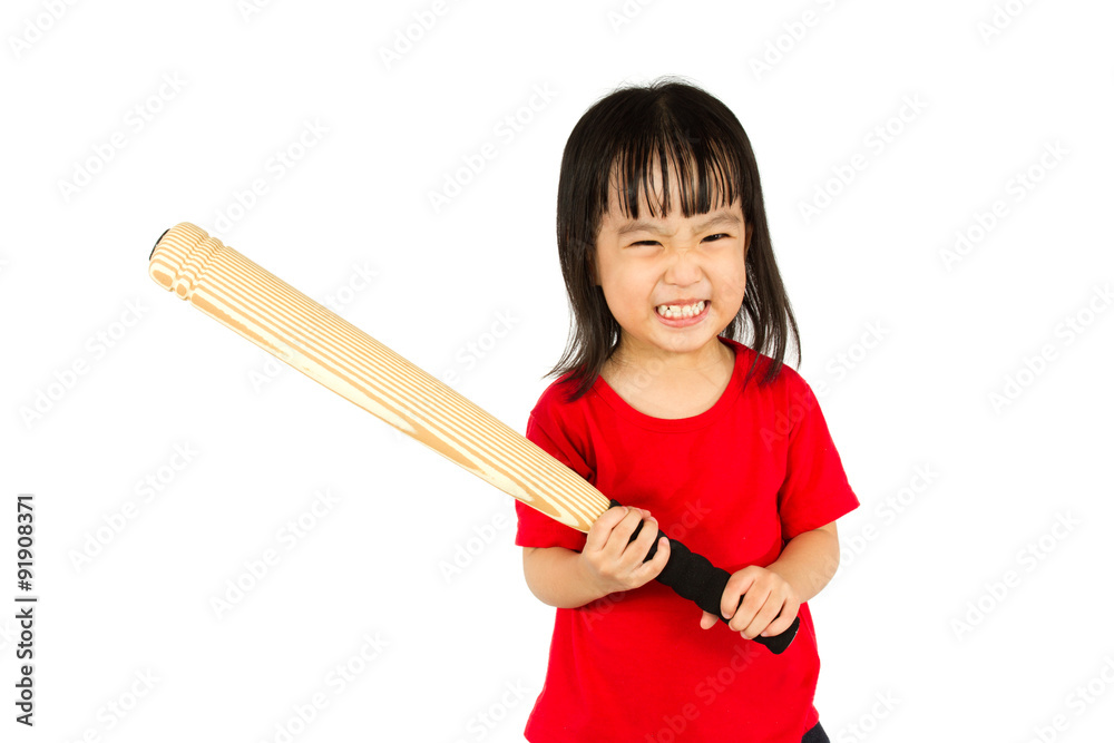 Chinese little girl holding baseball bat with angry expression Chinese little girl holding baseball bat with angry expression