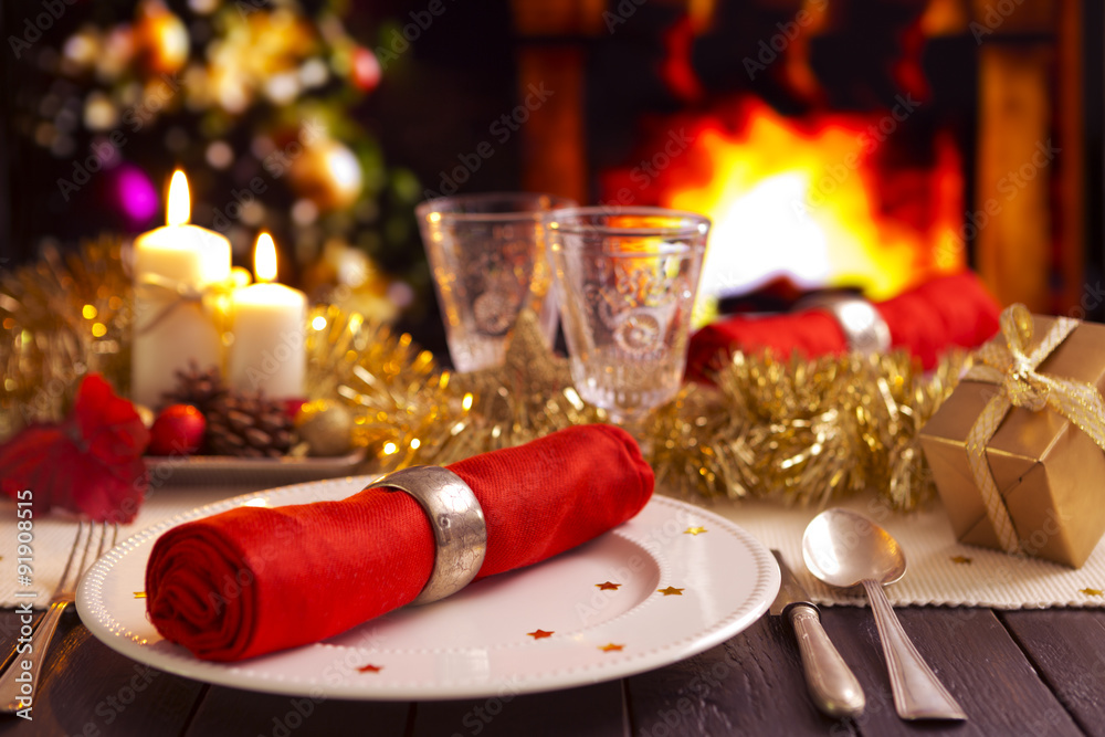 Christmas table with fireplace and Christmas tree Christmas table with fireplace and Christmas tree