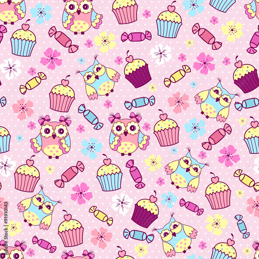 Seamless pattern with cute owls, cakes and chocolates on a pink background Seamless pattern with cute owls, cakes and chocolates on a pink background