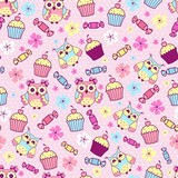 Seamless pattern with cute owls, cakes and chocolates on a pink background