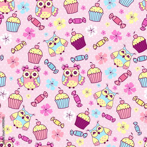 Seamless pattern with cute owls  cakes and chocolates on a pink background