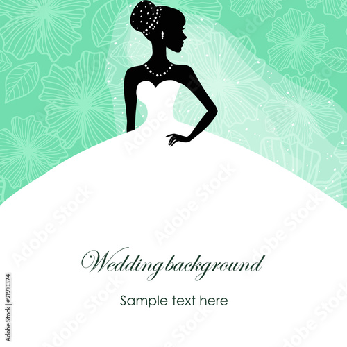 A beautiful silhouette of a bride in a dress on a turquoise background with patterns