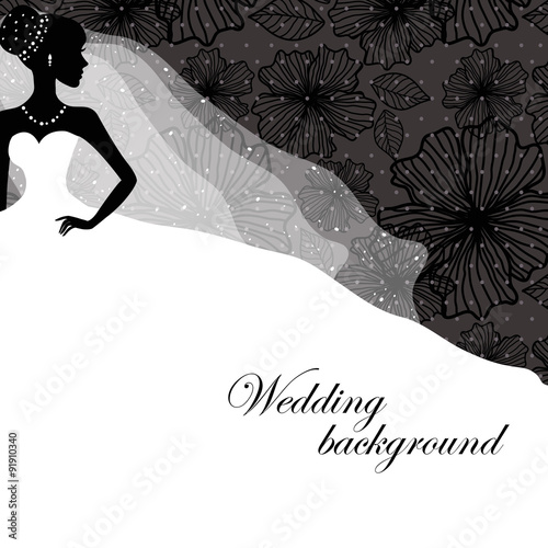 A beautiful silhouette of a bride in a dress on a black background with patterns