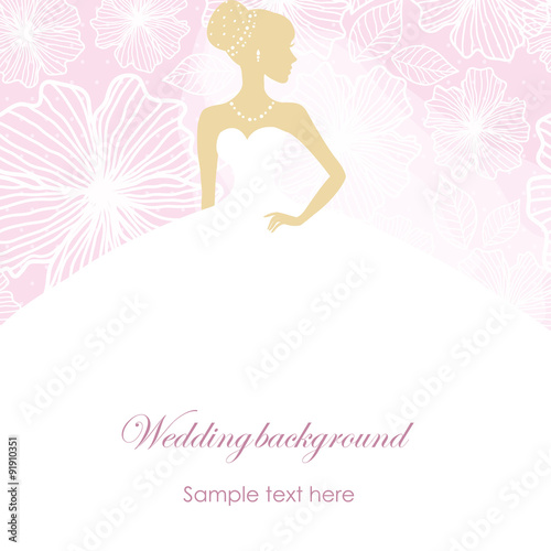A beautiful silhouette of a bride in a dress on a pink background with patterns