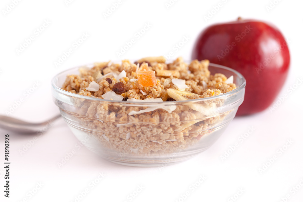 Bowl with muesli and a apple for breakfast Bowl with muesli and a apple for breakfast