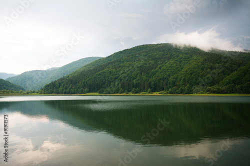 Green forest on mountain lake with mirror reflection © okostia