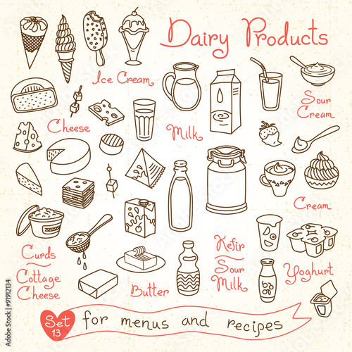Set drawings of milk and dairy products for design menus