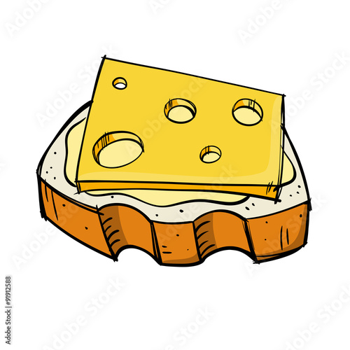 sketchy image of a piece of bread with butter and cheese on a white background. Vector graphics.