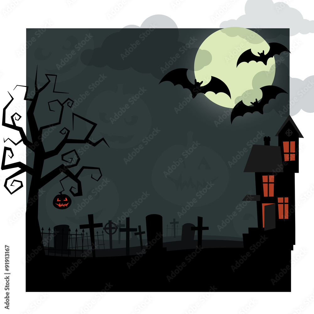 Halloween night. Dry tree, with jack-o'-lantern hanging on it, old cemetery covered with mist, the bats flying on background a big moon in the clouds, and an abandoned house, windows that glow orange.