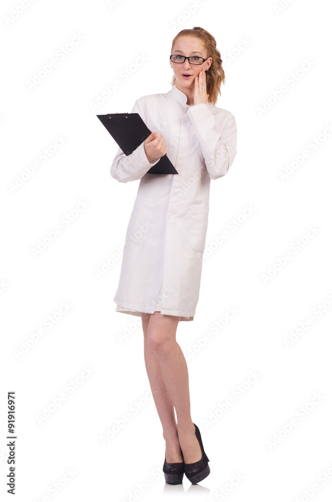Pretty female doctor holding diary isolated on white Pretty female doctor holding diary isolated on white