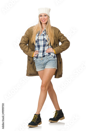 Pretty woman in jeans shorts isolated on white © Elnur