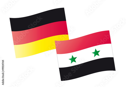 Flaggen, Fahnen von Deutschland und Syrien, Willkommen in Deutschland - deutsche und syrische Flaggen mit einem Herz verbunden, Spenden, Spendenaufruf, Danken
