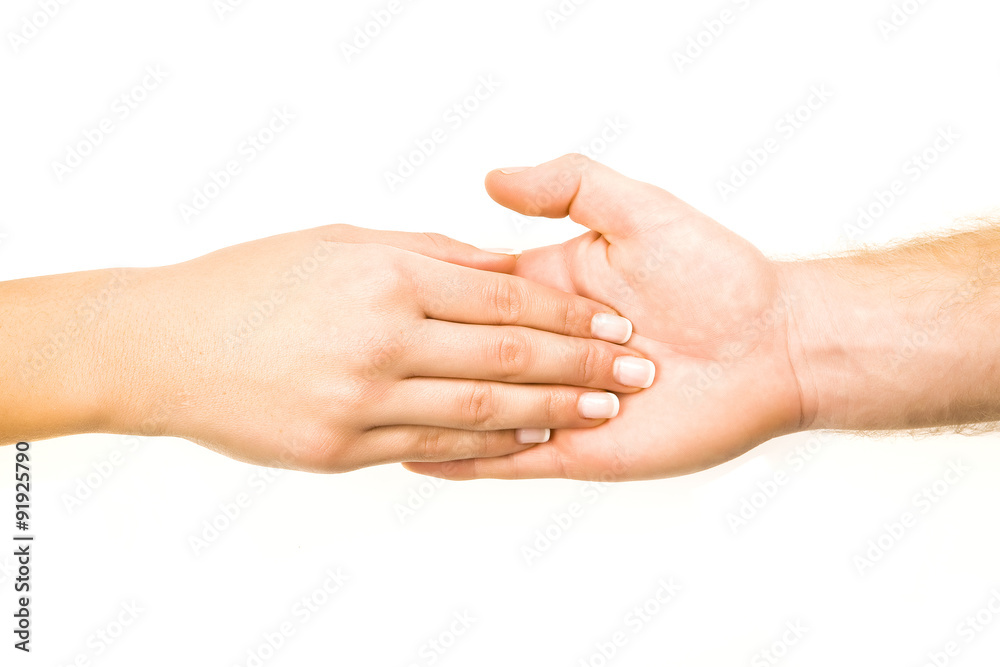 Male and female hands holding on white background Male and female hands holding on white background
