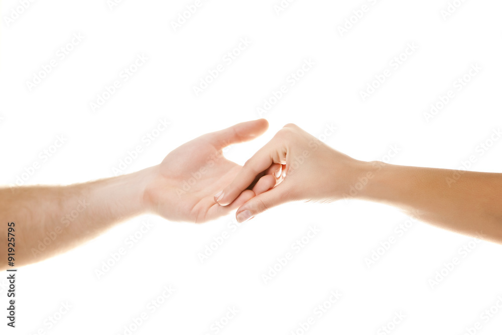 Male and female hands holding on white background