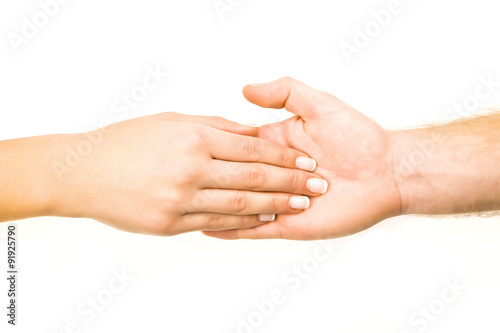 Male and female hands holding on white background