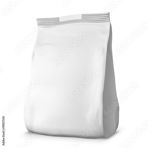 Blank paper bag package frontally. 3D model for the isolation of the product on a white background with shadows.