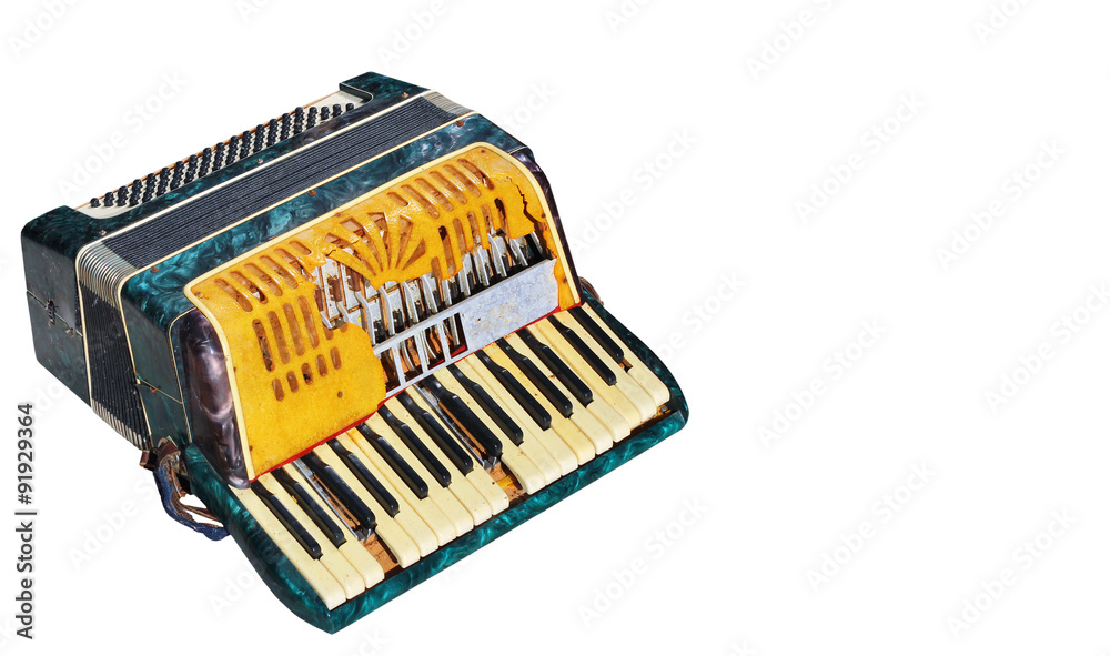 Old broken accordion isolated on white background Old broken accordion isolated on white background