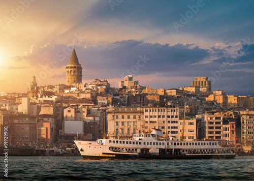 Canvas Print Iconic view of Istanbul with Galata Tower and the ferry
