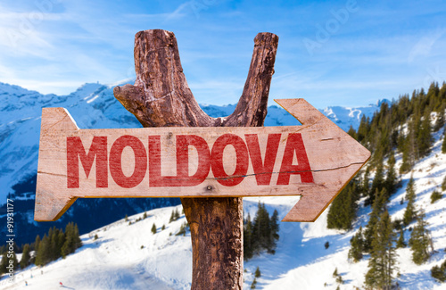 Moldova wooden sign with winter background
