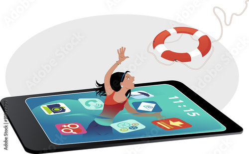 Teenage girl drowning in a smartphone screen, reaching for a lifebuoy, EPS 8 vector illustration, no transparencies, no mesh