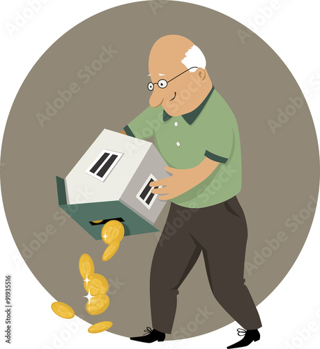 Reverse mortgage. An elderly man holding a coin bank in a form of a house upside down, money pouring out, EPS 8 vector cartoon, no transparencies
