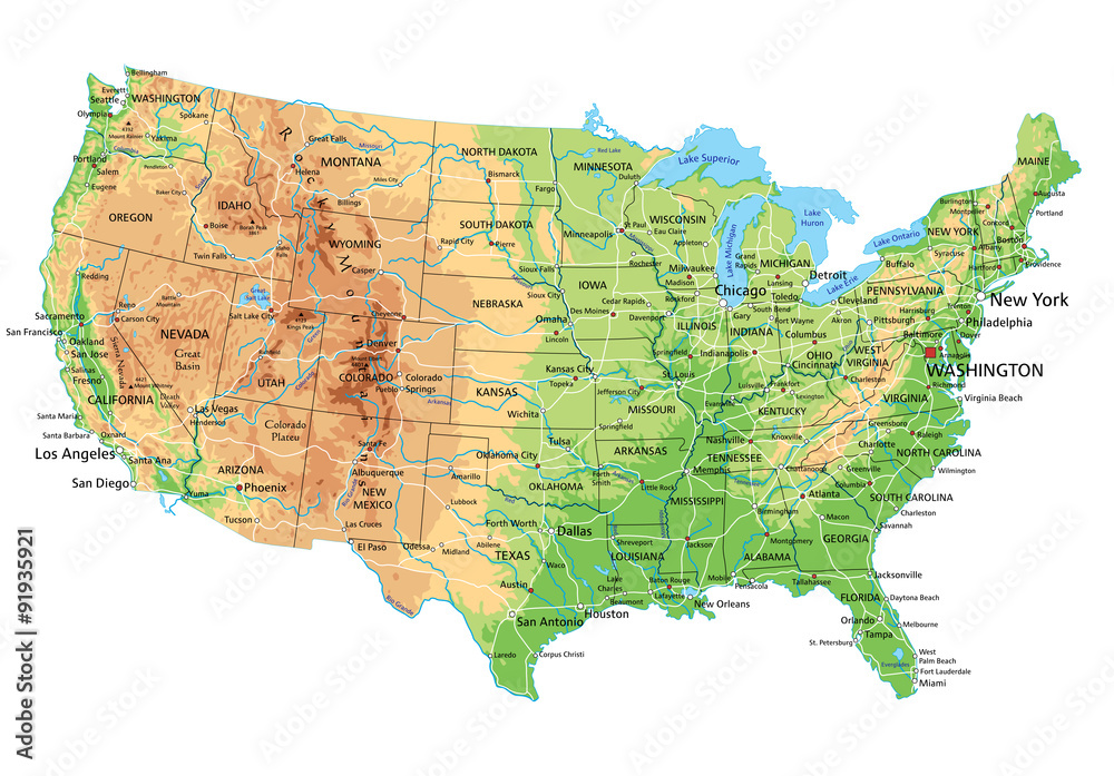High Detailed United States Of America Physical Map With Labeling