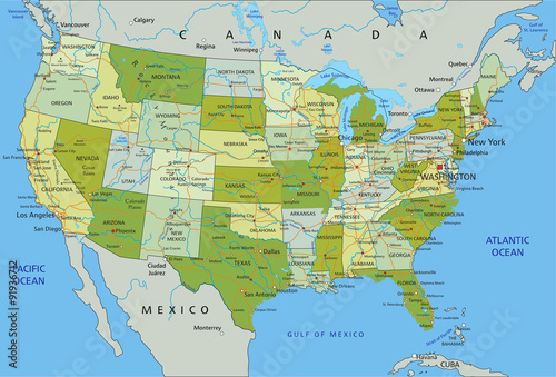 Highly detailed editable political map with separated layers. United States of America.