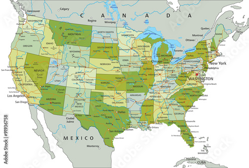Highly detailed editable political map with separated layers. United States of America.