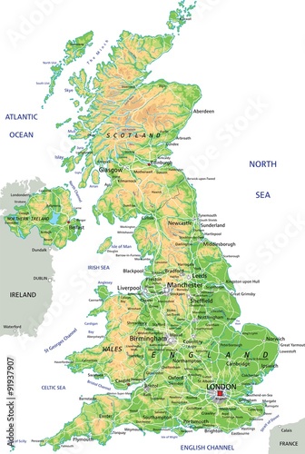 High detailed United Kingdom physical map with labeling.