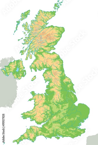 High detailed United Kingdom physical map.