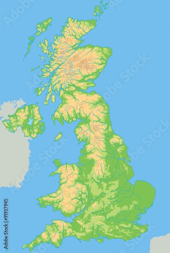 High detailed United Kingdom physical map.