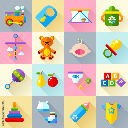 Baby toys and care icon set