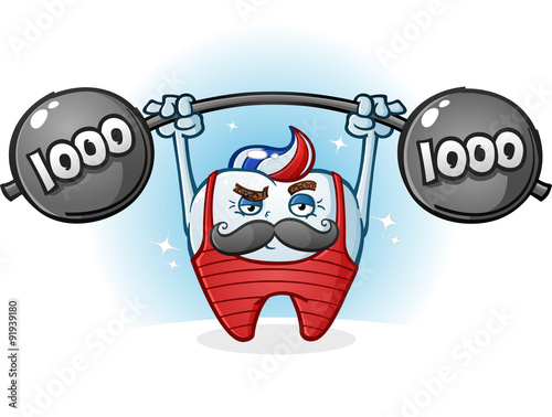 Tooth Retro Body Builder Cartoon Character with a Mustache, Weight Lifting a Barbell